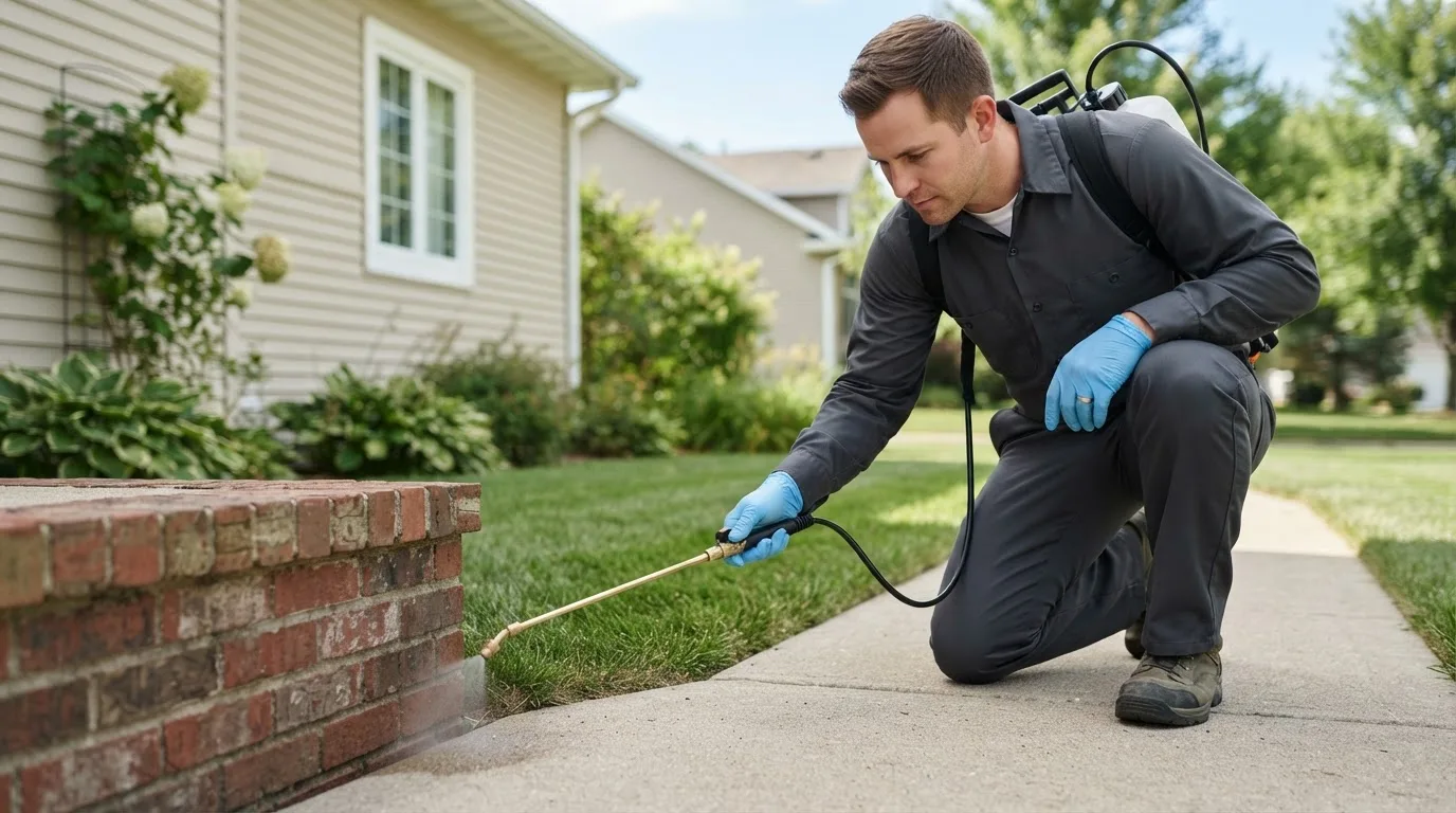 Pest control technician treating a home near West Finley, PA